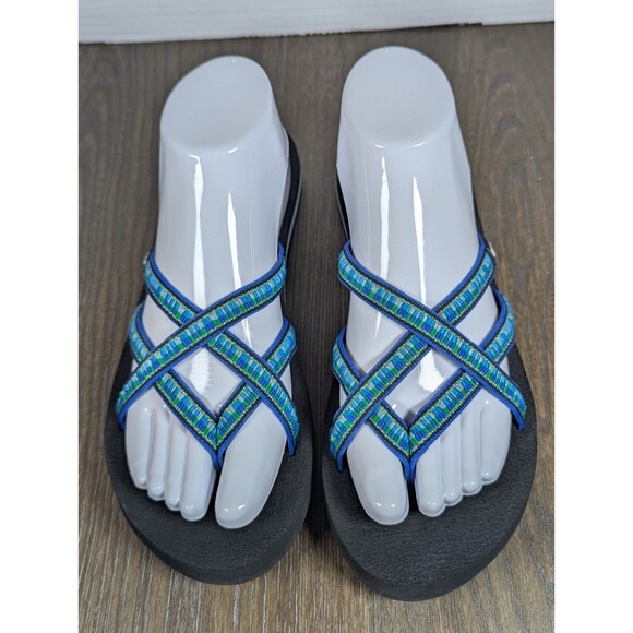 TEVA Strappy Sandals Womens 8 Blue Green Black Flip Flops Lightweight Logo - Picture 4 of 12